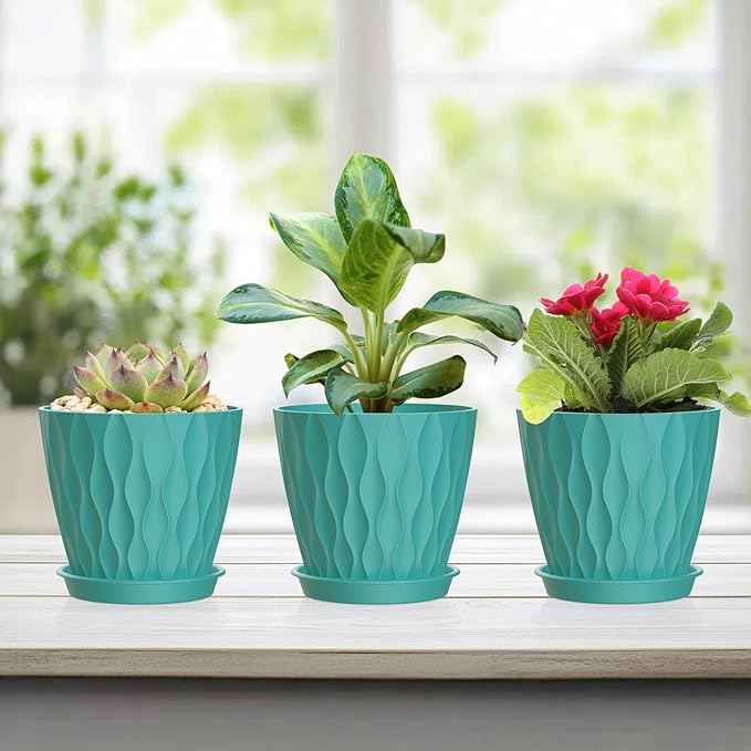 12 Pack 4 Inch Small Plant Pots with Saucers, Waffle Texture Plastic Planters with Drainage Holes for Indoor and Outdoor Plants, Flowers, Herbs, Succulents, and Seedlings, Blue