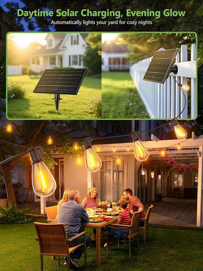 luckystyle 100FT Solar String Lights Outdoor Waterproof 2200K with Remote & USB Charging, 36+2 LED Shatterproof Bulbs, Dimmable & Timable, 3 Light Modes, Long Last for Garden,Patio, Backyard, Camping