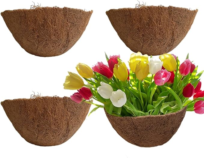 16" Round Coco Liner for Hanging Planter, 4Pcs, 100% Natural Coconut Coir Liner, Promotes Air Circulation & Water Retention, Ideal for Flower Plants & Garden Decorations
