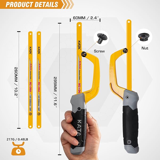 KATA Mini Hacksaw for Metal Cutting, Compact Hand Hack Saw Tool with 10 Inch Aluminum Frame and 2 Piece Extra Flexible Bi-Metal HSS Saw Blades, Small Handsaw Cutter for Wood, PVC, Iron, Copper