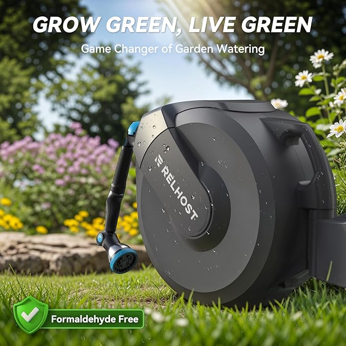 Retractable Garden Hose Reel 120 ft x 1/2 in, Heavy Duty Hose Reel Wall Mount with Any Length Lock, Slow Return System, 180° Swivel Bracket, 10-Pattern Garden Hose Nozzle, Dark Grey