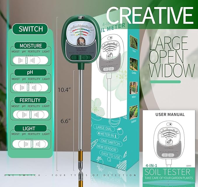 Soil Tester, Soil Moisture Meter/Soil pH Meter/Sun-Light/Fertility for Gardening, Large Dial Soil pH Tester Plant Water Meter for Indoor&Outdoor Garden,Farm Soil Test Kit-Green