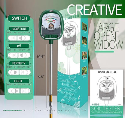 Soil Tester, Soil Moisture Meter/Soil pH Meter/Sun-Light/Fertility for Gardening, Large Dial Soil pH Tester Plant Water Meter for Indoor&Outdoor Garden,Farm Soil Test Kit-Green