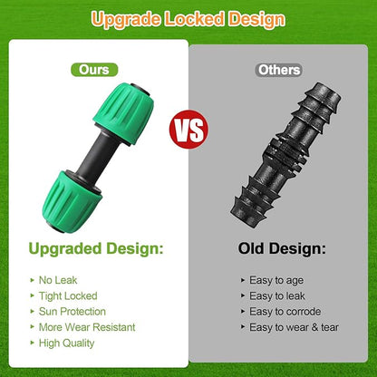 Drip Irrigation Fittings for 1/2 Inch Drip Tubing, 24 Pcs 1/2" Drip Line Barbed Locked Nut Connectors - 5 Couplings 4 Tees 4 Reducing Tees 4 End Caps 3 Elbows 2 Valves 2Pcs 3/4" Faucet Adapters