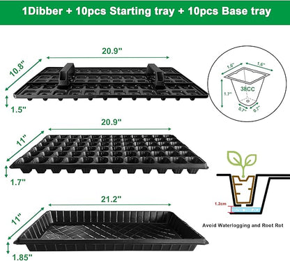 (20Pack) 72-Cell Seed Starter Trays with Dibber, 10 Pack Nursery Starting with Base Tray, 72 Hole Soil Digger for Setting Out Quickly, Seedling Planting Tray, Germination Kit Trays Reusable
