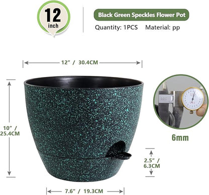 12 inch Large Self Watering Pots for Indoor Outdoor Plants, Flower Plant Pots with Mesh Drainage Holes for Garden House Plants, Plastic Planters for Home, Black with Green Speckles