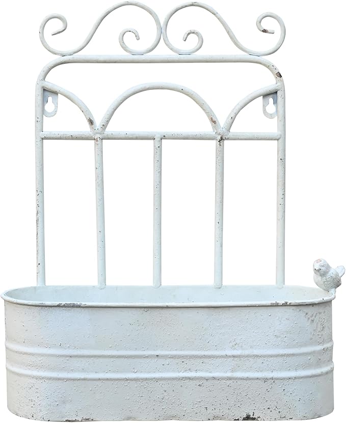 Rustic Metal Wall Planter Vintage Wall Mounted Flower Pot Distressed Wall Hanging Plant Basket Farmhouse Wall Decor for Indoor Outdoor Garden Home Yard (White)