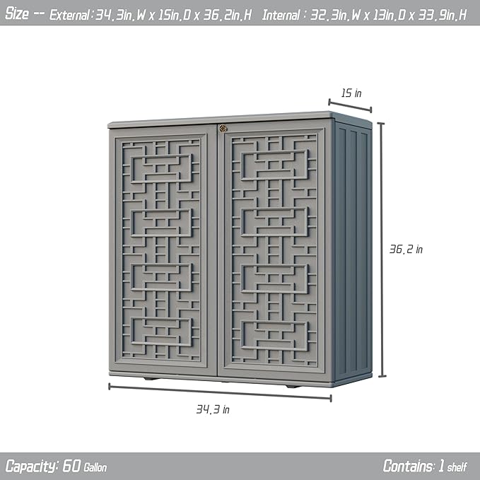 Indoor Outdoor Storage Cabinet Waterproof with Shelf,Plastic Storage Sheds Outdoor Cabinets for Patio/Garden/Backyard, Size 34.3''L*15''W*36.2''H（Gray）