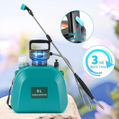 Electric Garden Sprayer, 2Gallon 8L Large Capacity Automatic Spray Bottle,Powerful Continuous Water Spraying, with 3 Rotatable Mist Nozzles and Adjustable Shoulder Strap for Lawn Yard