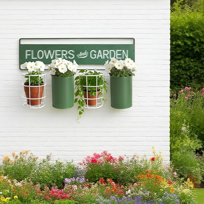 Vintage Metal Hanging Flower Pot Rustic Wall Mounted Planter Bucket 4 Basket Farmhouse Plants Holder with Detachable Hooks for Garden Railing Fence Patio Yard Outdoor Decor Green