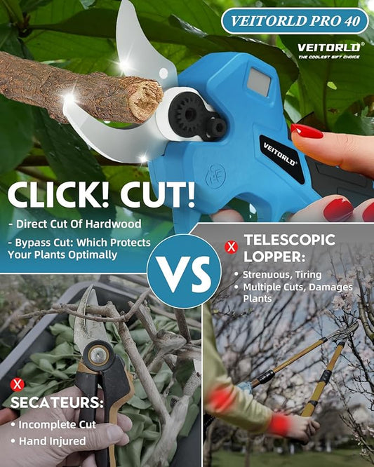 VEITORLD Upgraded Electric Pruning Shears, 1.6" Cutting Diameter Cordless Pruner with 2*2.0Ah Rechargeable Batteries&SK5 Blades, Garden Pruning Tool for Tree Branches, Gifts for Men Dad Him Christmas