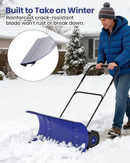 36” Snow Shovel for Driveway,Heavy Duty Wheeled Rolling Shovels 5 Position Angled Blade, Ergonomic Handle & Rubber Wheels for Efficient Snow Removal, Snow Plow for Doorway,Driveway and Sidewalks
