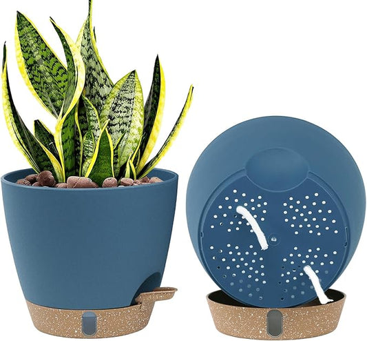 montresor 2-Pack of 8inch Self Watering Pots Blue Sturdy Plastic Flower Pot for Indoor Plants with Cotton Rope and Visual Water Storage Tray, Plastic Pots for Plants