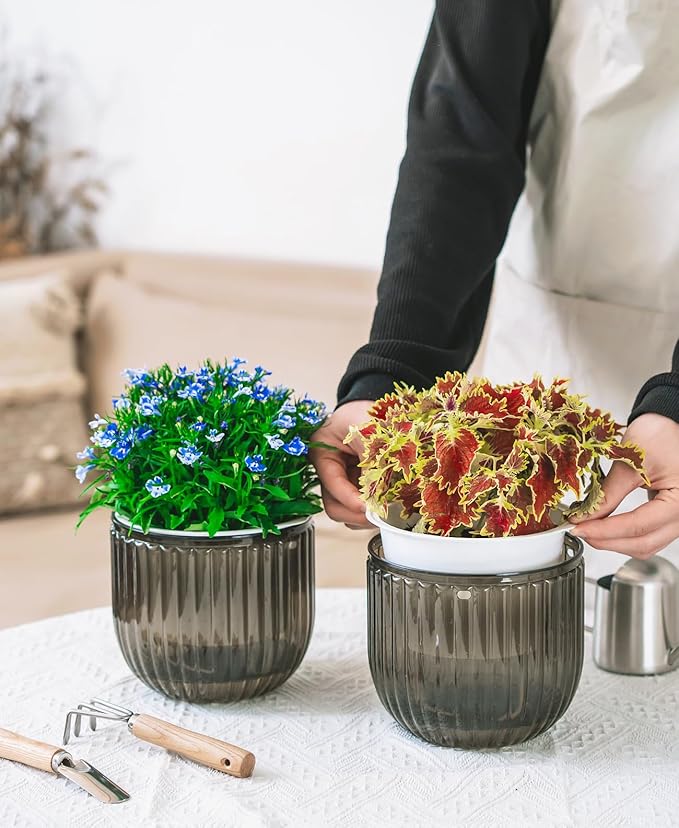 Melphoe 2 Pack Self Watering Hanging Planters Indoor Flower Pots, 6.5 Inch Outdoor Hanging Plant Pot Basket, Plant Hanger with 3Hooks Drainage Holes for Garden Home (Gray)