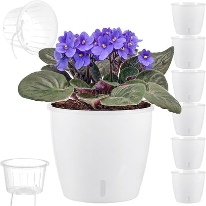 Self Watering Pots for Indoor Plants, 6-Pack 6.7'' Self Watering Planter with Drainage Holes, Small African Violet Pots with Water Indicator, Clear Wick Orchid Pot, White