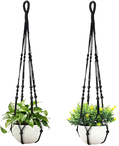 35 Inch Macrame Plant Hanger, Hanging Planter Basket with Wood Beads, Decorative Flower Pot Holder for Indoor Outdoor Boho Home Decor, Set of 2 (Black)