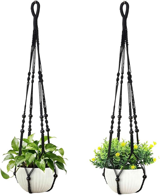35 Inch Macrame Plant Hanger, Hanging Planter Basket with Wood Beads, Decorative Flower Pot Holder for Indoor Outdoor Boho Home Decor, Set of 2 (Black)