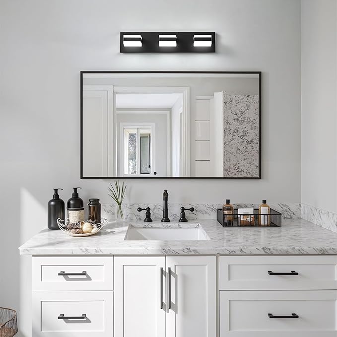 Bathroom Lighting Fixtures Over Mirror, 3 Light Bathroom Vanity Light Fixtures with Cool White 5000K, Matte Black LED Modern Vanity Wall Lights for Bath, Dressing Room, Restroom, 21.6 inch