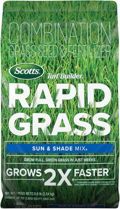 Scotts Turf Builder Rapid Grass Sun and Shade Mix, Combination Grass Seed and Fertilizer, Grows Green Grass in Just Weeks, 5.6 lbs.