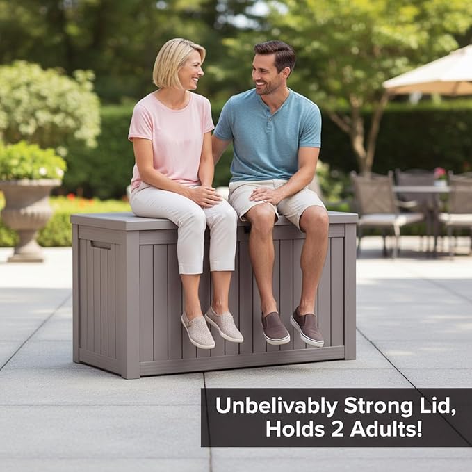 120 Gallon Resin Deck Box, Outdoor Storage Chest for Patio Furniture Cushions, Garden Tools, Pool Accessories | Lockable, Waterproof, All-Weather, Easy Assembly, Wood Grain Design