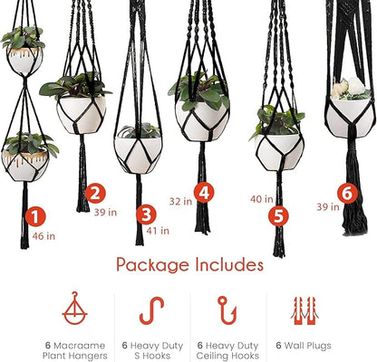 Feedee Macrame Plant Hangers - 6 Pack, Black, Indoor/Outdoor, Cotton
