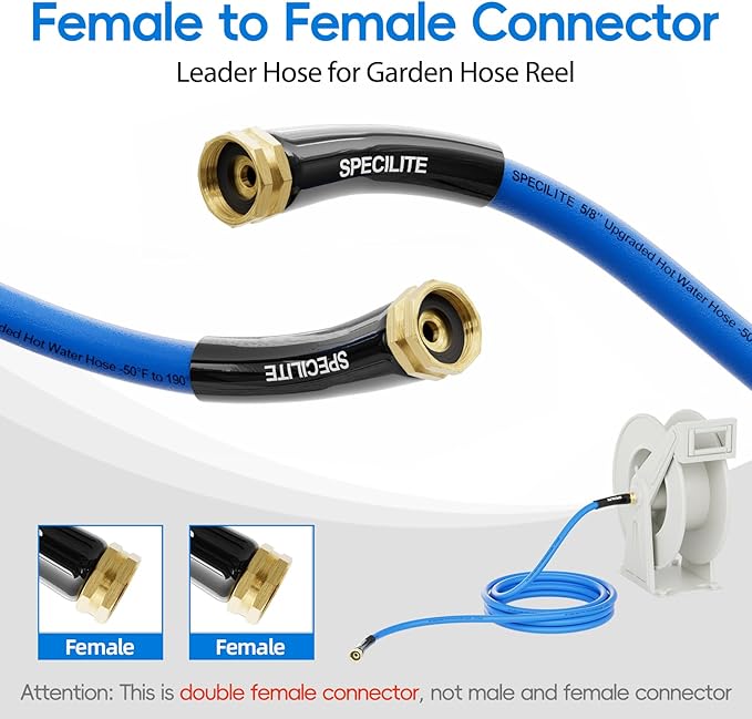 SPECILITE Female to Female Hot/Cold Garden Water Hose 5 ft x 5/8 Inch for Hose Reel, -50℉To 190℉, Heavy Duty, Flexible, Burst 605 Psi, Rubber Extension Pipe with 3/4" Brass Fittings