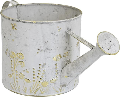 Vintage Metal Watering Can Planter with Embossed Floral - Distressed White Decorative Watering Pot for Indoor/Outdoor Flowers, Succulents & Herbs, Rustic Home Decor Accent