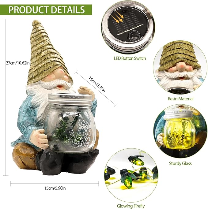 Solar Firefly Jar Gnome Waterproof - Christmas Large Garden Gnome Funny Solar Outdoor LED Lights Resin Statues 10.6" Lantern Figurines Xmas Decorations Birthday Housewarming Gifts for Mom Women