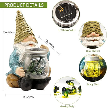 Solar Firefly Jar Gnome Waterproof - Christmas Large Garden Gnome Funny Solar Outdoor LED Lights Resin Statues 10.6" Lantern Figurines Xmas Decorations Birthday Housewarming Gifts for Mom Women