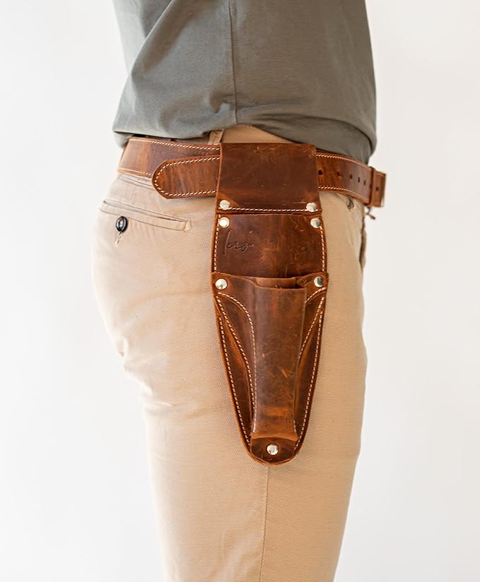 Personilized Hori Hori Leather Sheath Belt with Pruner and Scissor Pockets. Personalized Florist Tool Belt Leather, Gardening Belt with Pockets. (Brown with engraving, one size)