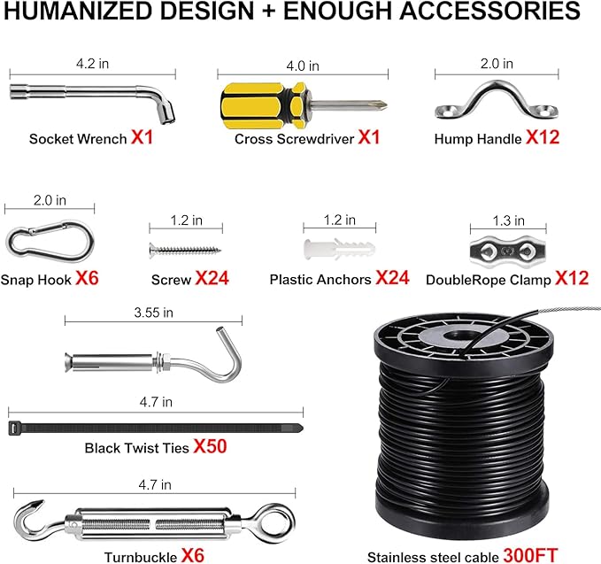 BLIKA String Light Hanging Kits, 300FT Coated Stainless Steel 304 Wire Rope, Outdoor Light Guide Wire, Globe String Light Suspension Kit Included Turnbuckles, Enough Accessories, Use Manual