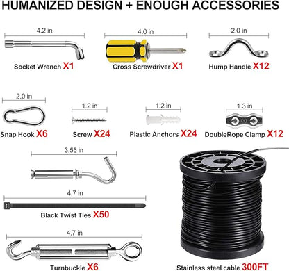 BLIKA String Light Hanging Kits, 300FT Coated Stainless Steel 304 Wire Rope, Outdoor Light Guide Wire, Globe String Light Suspension Kit Included Turnbuckles, Enough Accessories, Use Manual