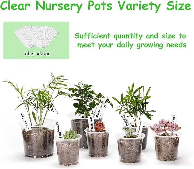60 Pack 3.5/4/5 Inch Reinforced Clear Nursery Pots with Drainage Holes, Transparent Variety Pack Plastic Plant Pot Seed Starter Pots Flower Pots Come with 50pcs Plant Labels