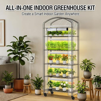 Small Indoor Greenhouse with Grow Light & PVC Cover Portable Mini Greenhouse Tent Shelves Adjustable 5 Tier Metal Plant Stand with Grow Light for Indoor Plants, Seed Starting, 29.5"x13.7"x71"