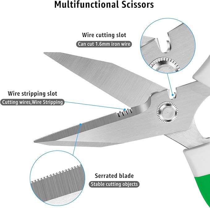 8-Inch Utility Scissors All Purpose Heavy Duty, Serrated Blade, Green Comfort Grip for Cutting Carpet, Cardboard, Leather, Fabric, Multipurpose Sharp Shears for Kitchen, Garden, Office, Carft