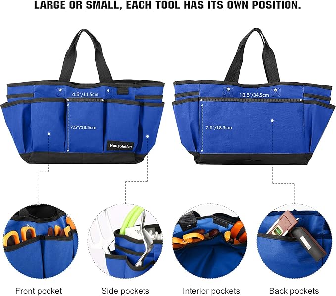 Housolution Gardening Tote Bag, Deluxe Garden Tool Storage Bag and Home Organizer with Pockets, Wear-Resistant & Reusable, 14 Inch, Blue