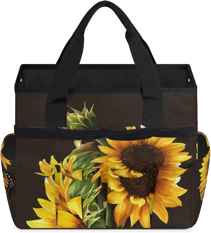 Butterfly Sunflower Funny Garden Tool Bag Waterproof Gardening Tool Storage Bag with Handle & 10 Pockets Gardening Tote Bag for Women Garden Tool Organizer