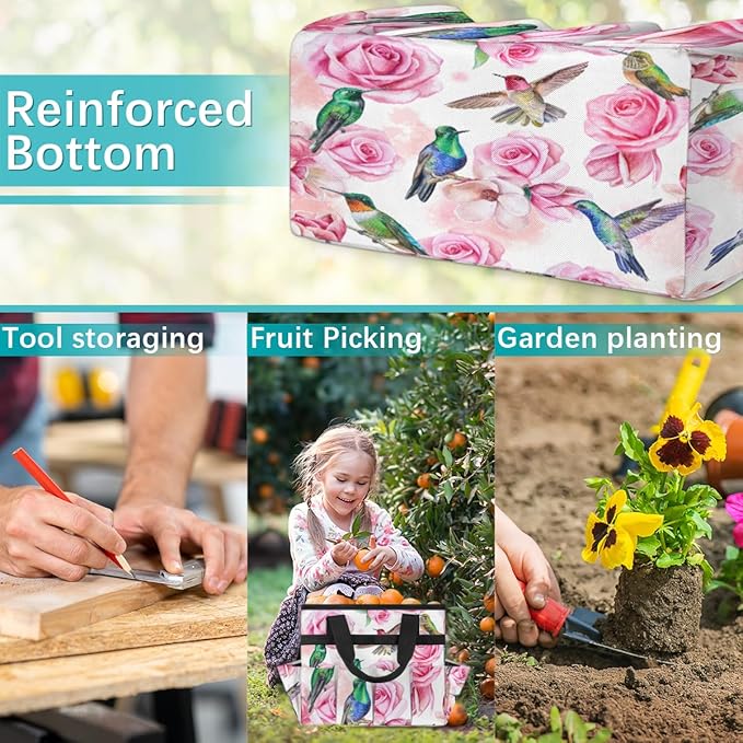 Hummingbird Flower Rose Garden Tool Bag Waterproof Gardening Tool Storage Bag with Handle & 10 Pockets Gardening Tote Bag for Women Garden Tool Organizer