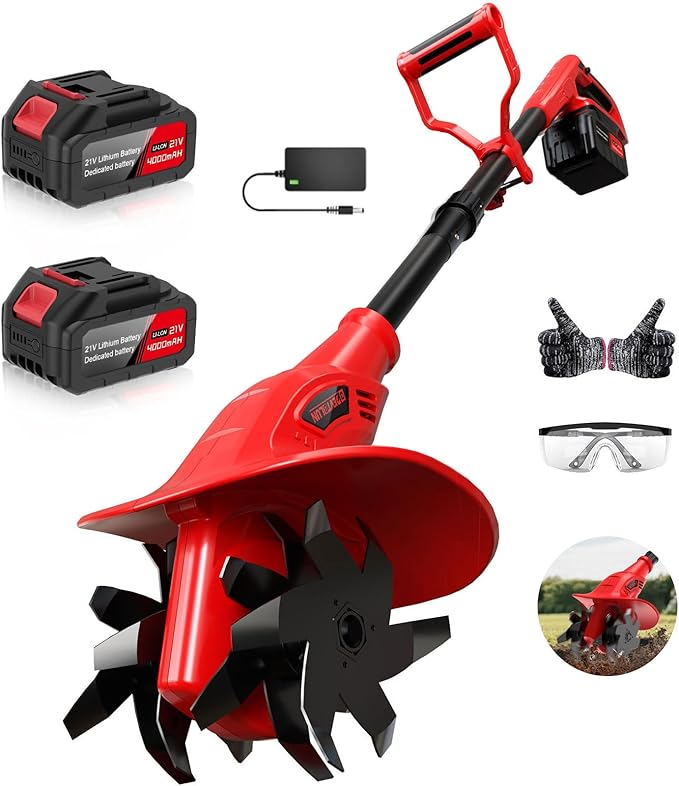 21V Cordless Electric Tiller for Gardening, 360 RPM Garden Tiller with 2×4.0AH Batteries & Charger, 9" Width, 6.3" Depth, Battery Powered Mini Cultivator, Portable Rototiller for Lawn Soil Cultivation