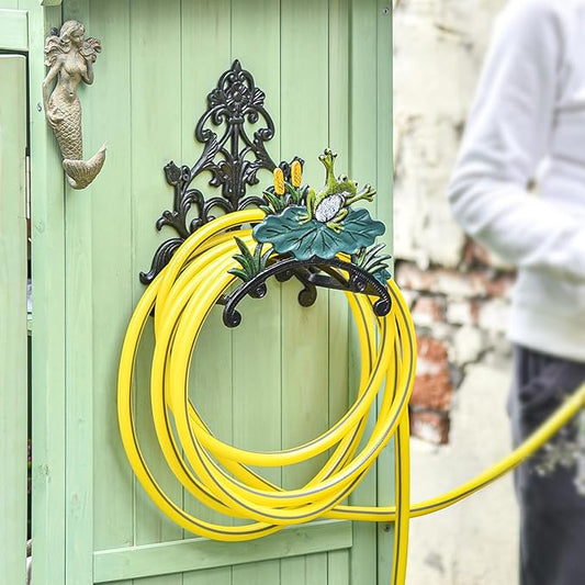 Sungmor Cast Iron Heavy Duty Garden Hose Holder - Decorative Hand-Painted Frog Wall Mounted Water Hose Hanger - Wall Decoration Hanging Hose Rack - Hose Reel Storage Butler - Metal Hose Stand