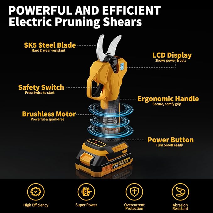 Electric Pruning Shears, Cordless Power Pruner with 1.4 Inch Cutting Diameter, LCD Display, Brushless Motor & 2×2.0Ah Batteries for Tree Branches & Garden