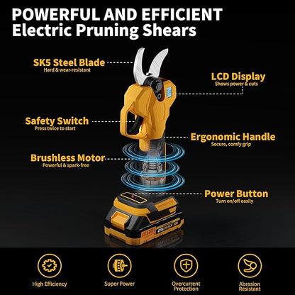 Electric Pruning Shears, Cordless Power Pruner with 1.4 Inch Cutting Diameter, LCD Display, Brushless Motor & 2×2.0Ah Batteries for Tree Branches & Garden