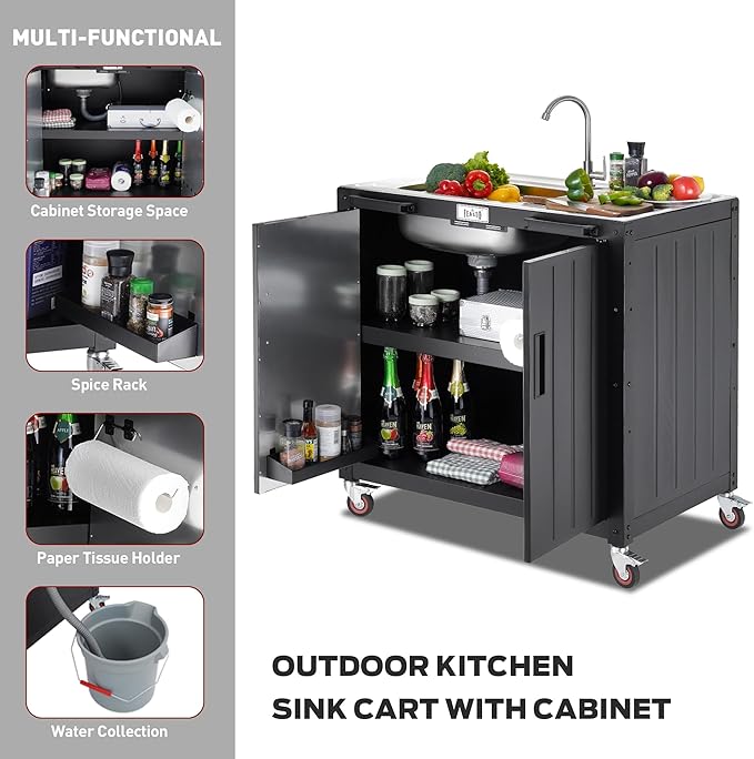 Freestanding Grill Cart with Sink and Cabinet, Movable Outdoor Cart Table with 304 Stainless Steel Sink, Outdoor Grill Cart, Outdoor Grill Station with Wheels, L35.4 x W24