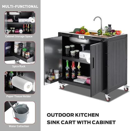 Freestanding Grill Cart with Sink and Cabinet, Movable Outdoor Cart Table with 304 Stainless Steel Sink, Outdoor Grill Cart, Outdoor Grill Station with Wheels, L35.4 x W24
