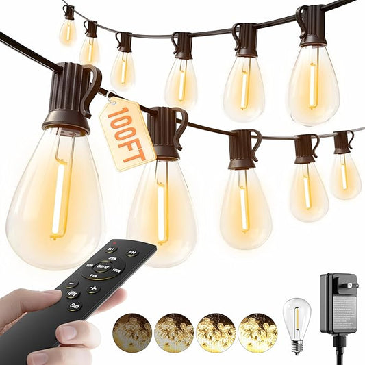 luckystyle 100FT LED Outdoor String Lights with Remote, 35+ 1 Shatterproof Bulbs Waterproof and Dimmable Patio Lights for Porch, Garden, Backyard, Deck, Balcony, 2200K Hanging Lighting