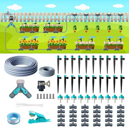 Drip Irrigation System Kit 230FT - Automatic Watering System with Quick Connector, Complete Water Irrigation System for Garden Lawn with 12mm 6mm Irrigation Tubing Adjustable Emitters