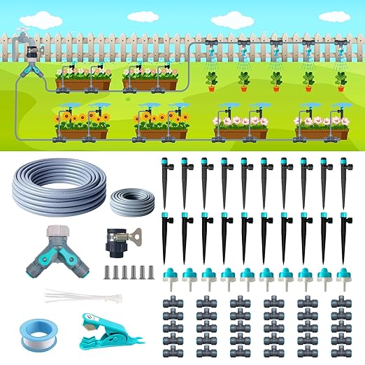 Drip Irrigation System Kit 230FT - Automatic Watering System with Quick Connector, Complete Water Irrigation System for Garden Lawn with 12mm 6mm Irrigation Tubing Adjustable Emitters