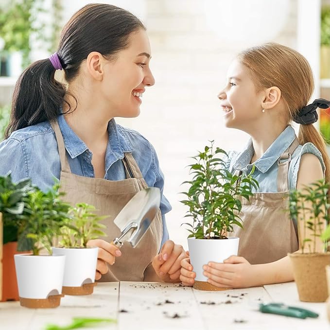 4 inch Self Watering Pots for Indoor Outdoor Plants, 6 Pack Plastic Flower Planters with Drainage Holes and Removable Saucers, Plant Pots with Wicking Rope, Modern Decor, White Brown