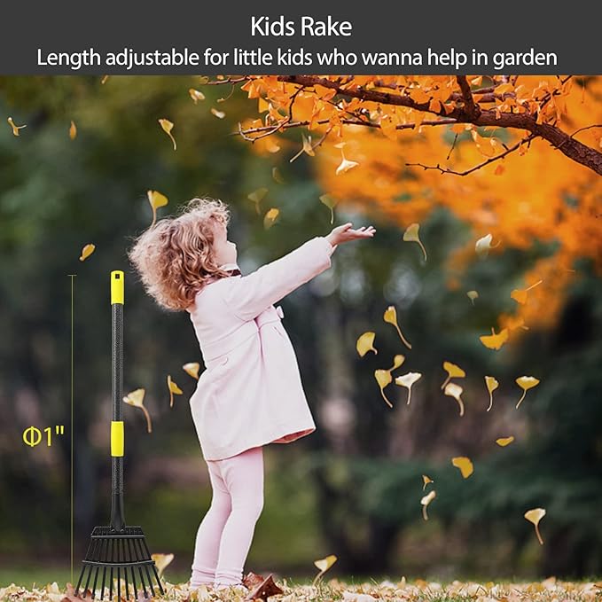 Oliynedy Adjustable Metal Garden Rake for Leaves - Long Handle 30-60", 11 Tines 9" Wide - Small Lawn Collapsible Yard Rake for Adults and Kids - Camping, Flower Beds, Mulch, Shrub