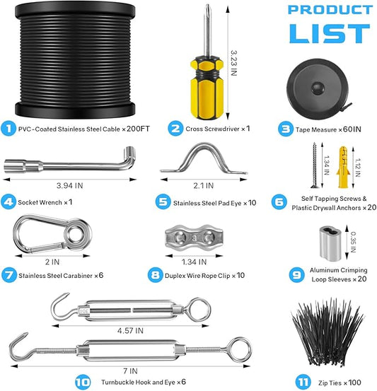 NEREUS String Light Hanging Kit with 200 Ft Vinyl Coated 304 Stainless Steel Cable, String Light Suspension Kit, Guide Wire with Turnbuckles and Hooks for Patio, Backyard Lighting Accessories